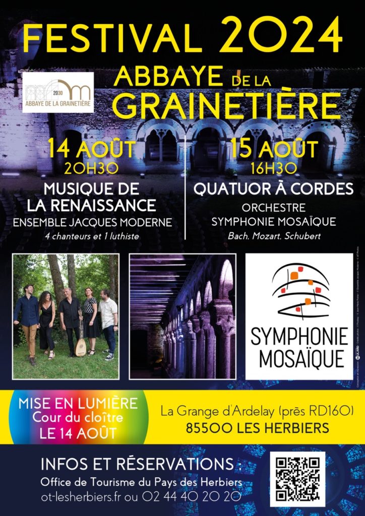 Affiche du Festival de musique de l'abbaye de La Grainetière les 14 et 15 août 2024 et lien vers l'article qui détaille les 2 concerts programmés